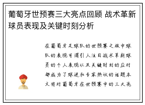 葡萄牙世预赛三大亮点回顾 战术革新球员表现及关键时刻分析