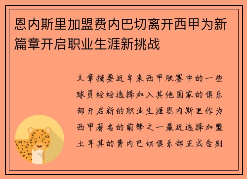 恩内斯里加盟费内巴切离开西甲为新篇章开启职业生涯新挑战 恩内斯里加盟费内巴切离开西甲为新篇章开启职业生涯新挑战