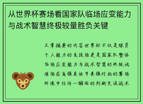 从世界杯赛场看国家队临场应变能力与战术智慧终极较量胜负关键