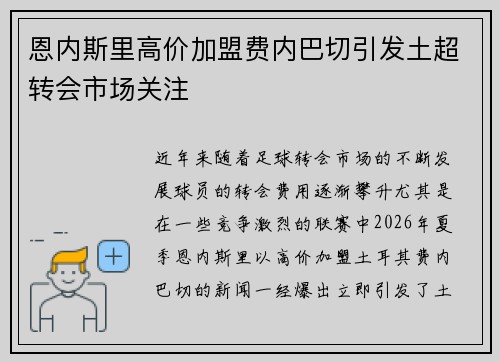 恩内斯里高价加盟费内巴切引发土超转会市场关注 恩内斯里高价加盟费内巴切引发土超转会市场关注