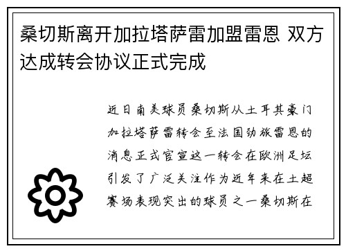 桑切斯离开加拉塔萨雷加盟雷恩 双方达成转会协议正式完成 桑切斯离开加拉塔萨雷加盟雷恩 双方达成转会协议正式完成